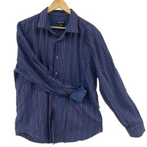 Bugatchi Multicolor Navy Blue Striped Long Sleeve Collared button Dress Shirt XL